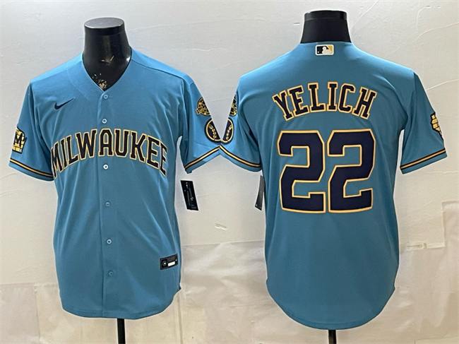 Milwaukee Brewers #22 Christian Yelich Blue With Home & Bob Uecker Patch Stitched Baseball Jersey