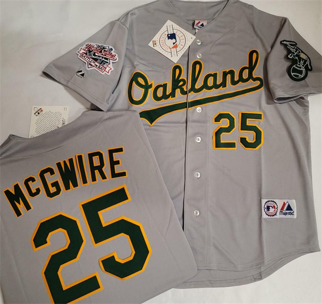 Oakland Athletics #25 Mark McGwire Grey With Green Elephant & 1989 World Series Patch Battle of the Bay Stitched Baseball Jersey