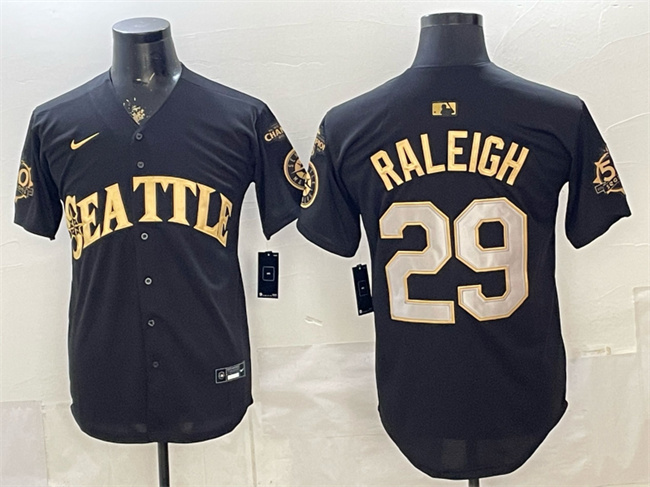Seattle Mariners #29 Cal Raleigh Black Gold 50th Anniversary & AL West Division Champions Patch Vapor Limited Stitched Baseball Jersey Seattle Mariners #29 Cal Raleigh Black Gold 50th Anniversary & AL West Division Champions Patch Vapor Limited Stitched Baseball Jersey