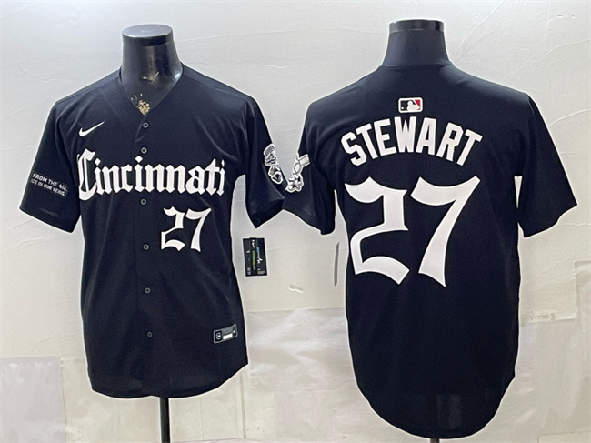 Cincinnati Reds #27 Sal Stewart Black 'Gothic Queen City Edition' Vapor Premier Limited Stitched Baseball Jersey