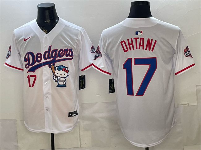 Los Angeles Dodgers #17 Shohei Ohtani White Hello Kitty Night 2025 World Series Champions Patch Stitched Baseball Jersey