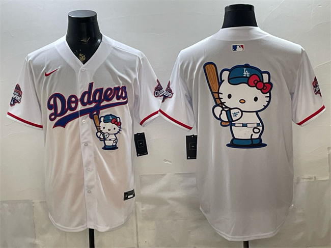 Los Angeles Dodgers Team Big Logo White Hello Kitty Night 2025 World Series Champions Patch Stitched Baseball Jersey Los Angeles Dodgers Team Big Logo White Hello Kitty Night 2025 World Series Champions Patch Stitched Baseball Jersey