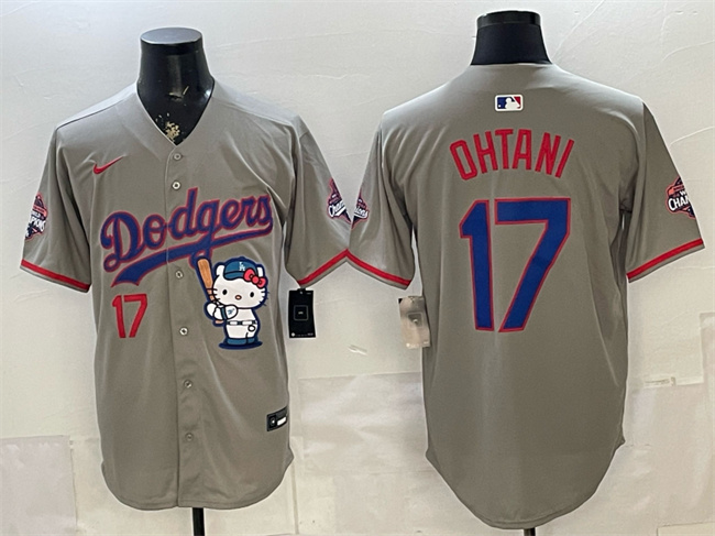 Los Angeles Dodgers #17 Shohei Ohtani Grey Hello Kitty Night 2025 World Series Champions Patch Stitched Baseball Jersey