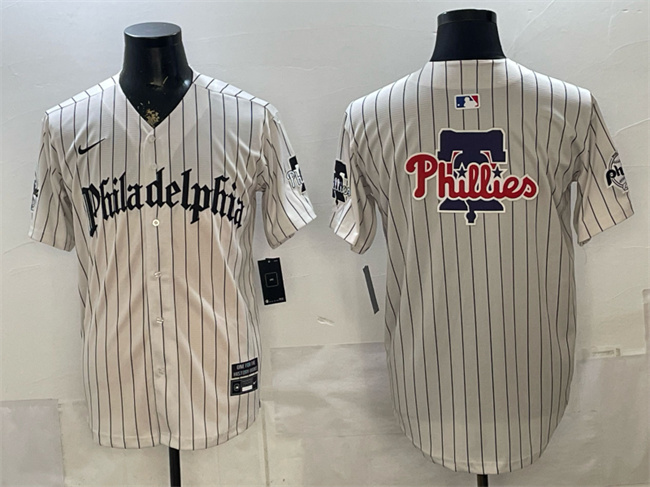 Philadelphia Phillies Team Big Logo Cream Pinstripe Gothic Vapor Limited Stitched Jersey