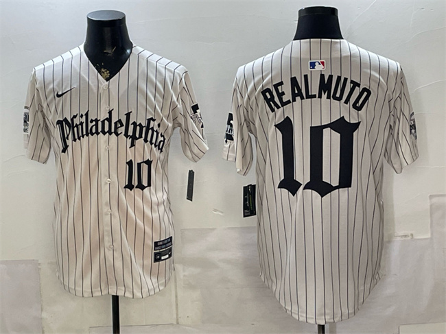 Philadelphia Phillies #10 J.T. Realmuto Cream Pinstripe Gothic Vapor Limited Stitched Jersey