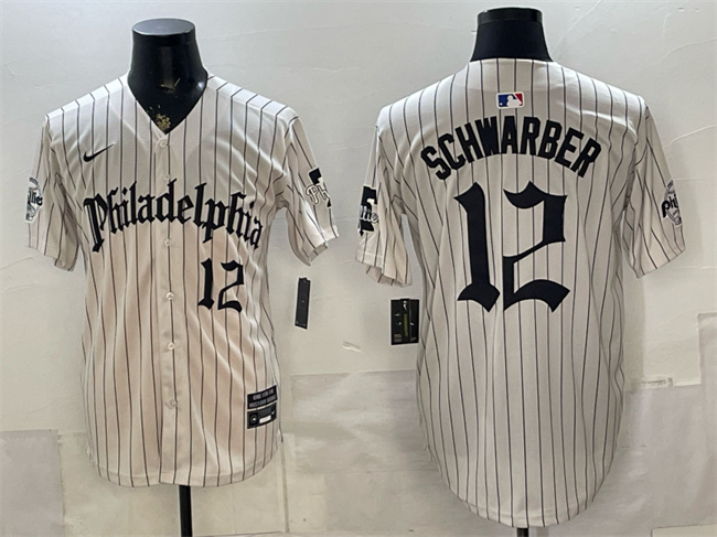 Philadelphia Phillies #12 Kyle Schwarber Cream Pinstripe Gothic Vapor Limited Stitched Jersey