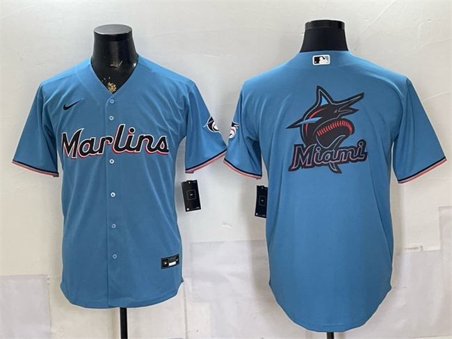 Miami Marlins Blue Team Big Logo Cool Base Stitched Baseball Jersey