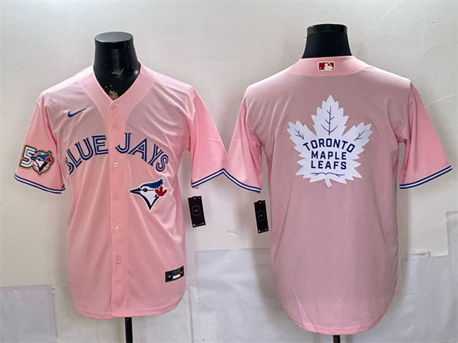 Toronto Blue Jays & Leafs With White Leafs Logo Pink 50 Seasons Patch Stitched Baseball Jersey