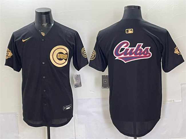 Chicago Cubs Team Big Logo Black Gold 150th Anniversary Patch Stitched Baseball Jersey
