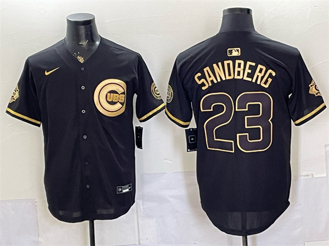 Chicago Cubs #23 Ryne Sandberg Black Gold 150th Anniversary Patch Stitched Baseball Jersey Chicago Cubs #23 Ryne Sandberg Black Gold 150th Anniversary Patch Stitched Baseball Jersey