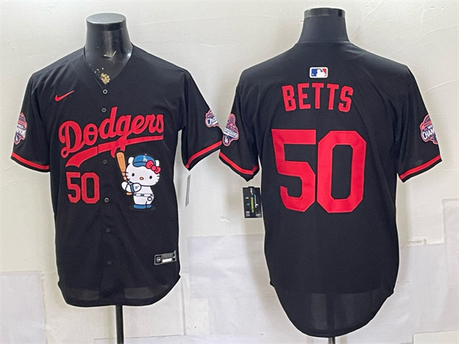 Los Angeles Dodgers #50 Mookie Betts Black Hello Kitty Night 2025 World Series Champions Patch Stitched Baseball Jersey