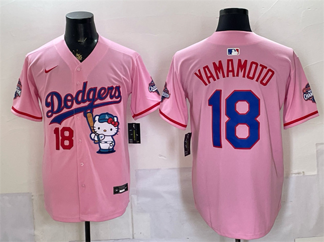 Los Angeles Dodgers #18 Yoshinobu Yamamoto Pink Hello Kitty Night 2025 World Series Champions Patch Stitched Baseball Jersey