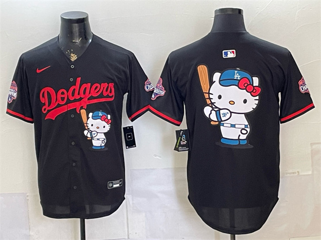 Los Angeles Dodgers Team Big Logo Black Hello Kitty Night 2025 World Series Champions Patch Stitched Baseball Jersey