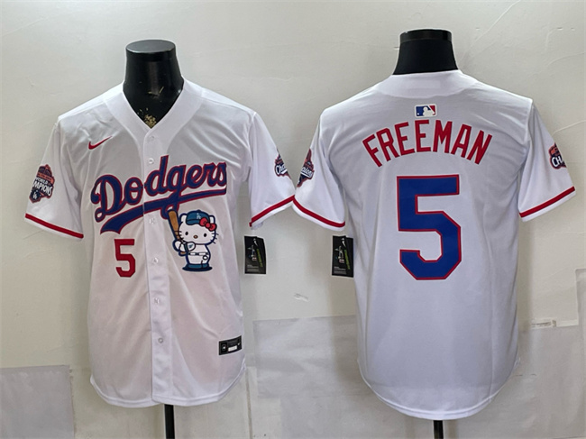 Los Angeles Dodgers #5 Freddie Freeman White Hello Kitty Night 2025 World Series Champions Patch Stitched Baseball Jersey