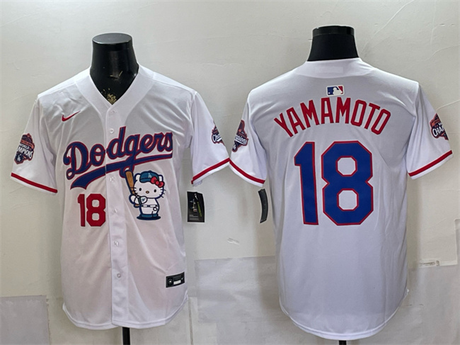 Los Angeles Dodgers #18 Yoshinobu Yamamoto White Hello Kitty Night 2025 World Series Champions Patch Stitched Baseball Jersey