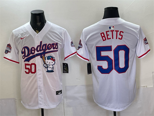 Los Angeles Dodgers #50 Mookie Betts White Hello Kitty Night 2025 World Series Champions Patch Stitched Baseball Jersey