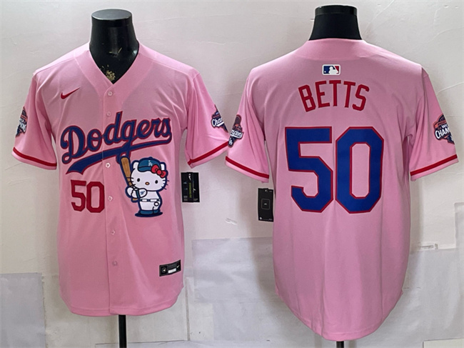 Los Angeles Dodgers #50 Mookie Betts Pink Hello Kitty Night 2025 World Series Champions Patch Stitched Baseball Jersey