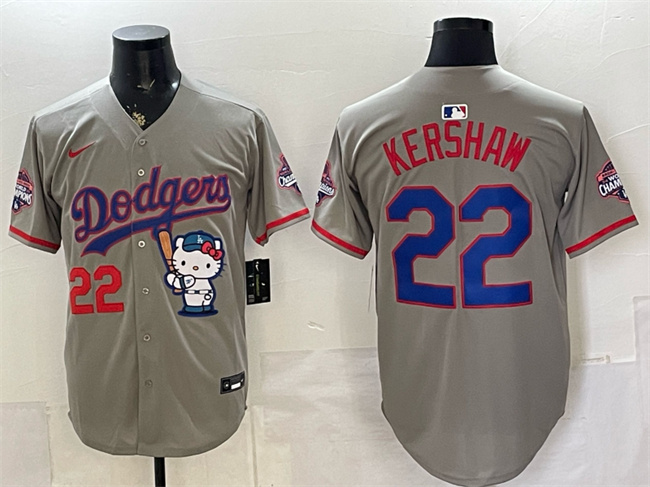 Los Angeles Dodgers #22 Clayton Kershaw Grey Hello Kitty Night 2025 World Series Champions Patch Stitched Baseball Jersey