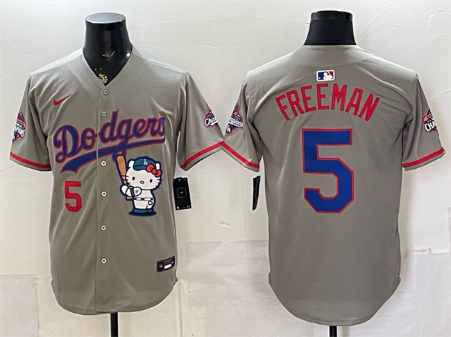 Los Angeles Dodgers #5 Freddie Freeman Grey Hello Kitty Night 2025 World Series Champions Patch Stitched Baseball Jersey