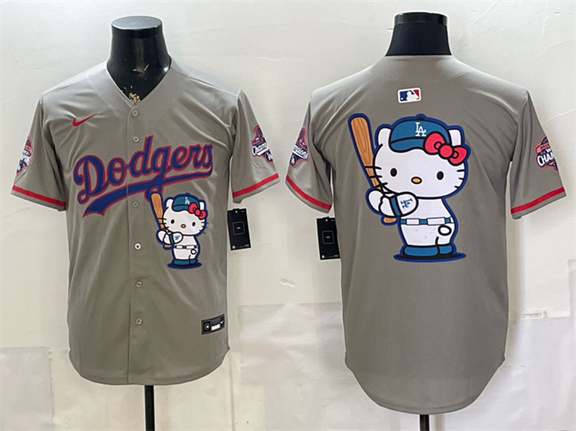 Los Angeles Dodgers Team Big Logo Grey Hello Kitty Night 2025 World Series Champions Patch Stitched Baseball Jersey