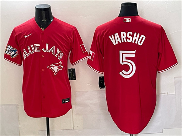 Toronto Blue Jays #5 Daulton Varsho Red 50 Seasons Patch Stitched Baseball Jersey Toronto Blue Jays #5 Daulton Varsho Red 50 Seasons Patch Stitched Baseball Jersey