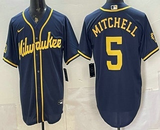 Milwaukee Brewers #5 Garrett Mitchell Navy Blue Stitched Cool Base Jersey
