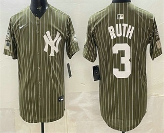 New York Yankees #3 Babe Ruth Olive Pinstripe 2026 Armed Forces Day Salute To Service Jersey