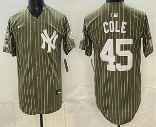 New York Yankees #45 Gerrit Cole Olive Pinstripe 2026 Armed Forces Day Salute To Service Jersey