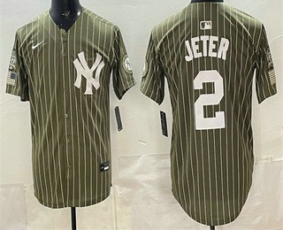 New York Yankees #2 Derek Jeter Olive Pinstripe 2026 Armed Forces Day Salute To Service Jersey