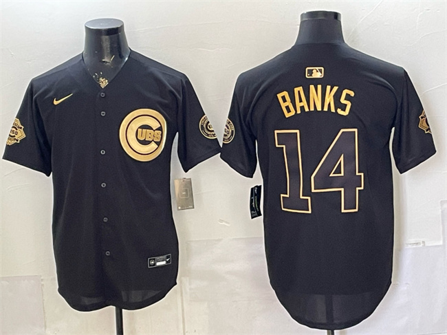 Chicago Cubs #14 Ernie Banks Black Gold 150th Anniversary Patch Stitched Baseball Jersey
