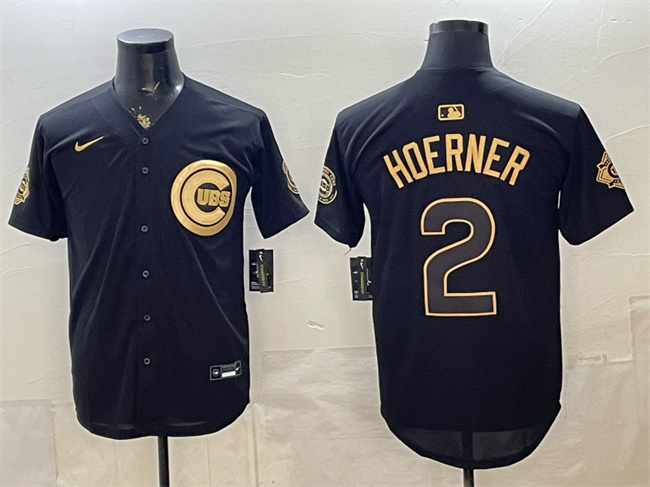 Chicago Cubs #2 Nico Hoerner Black Gold 150th Anniversary Patch Stitched Baseball Jersey Chicago Cubs #2 Nico Hoerner Black Gold 150th Anniversary Patch Stitched Baseball Jersey