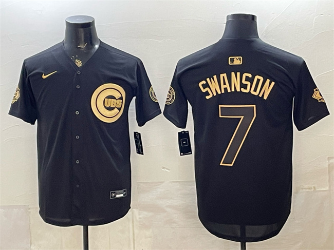 Chicago Cubs #7 Dansby Swanson Black Gold 150th Anniversary Patch Stitched Baseball Jersey