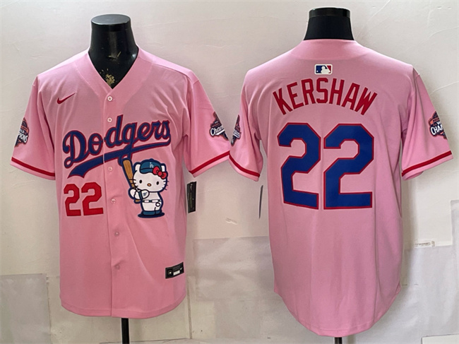 Los Angeles Dodgers #22 Clayton Kershaw Pink Hello Kitty Night 2025 World Series Champions Patch Stitched Baseball Jersey
