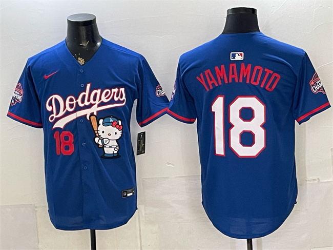 Los Angeles Dodgers #18 Yoshinobu Yamamoto Royal Hello Kitty Night 2025 World Series Champions Patch Stitched Baseball Jersey