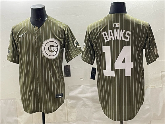 Chicago Cubs #14 Ernie Banks Pinstripe Olive 2026 Armed Forces Day Salute To Service Stitched Baseball Jersey