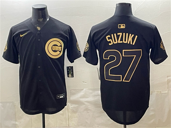 Chicago Cubs #27 Seiya Suzuki Black Gold 150th Anniversary Patch Stitched Baseball Jersey