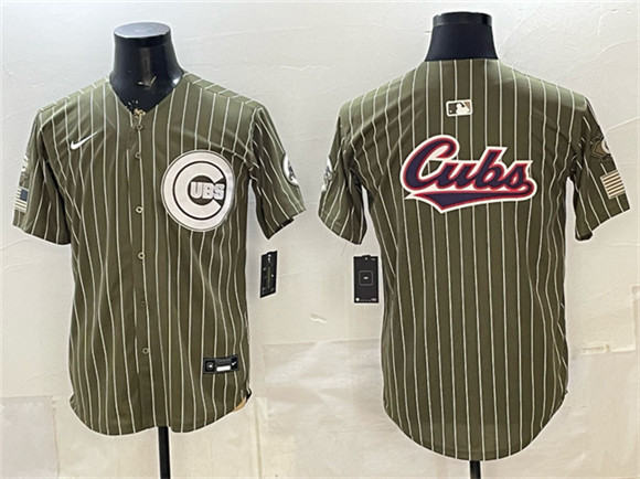 Chicago Cubs Team Big Logo Pinstripe Olive 2026 Armed Forces Day Salute To Service Stitched Baseball Jersey Chicago Cubs Team Big Logo Pinstripe Olive 2026 Armed Forces Day Salute To Service Stitched Baseball Jersey