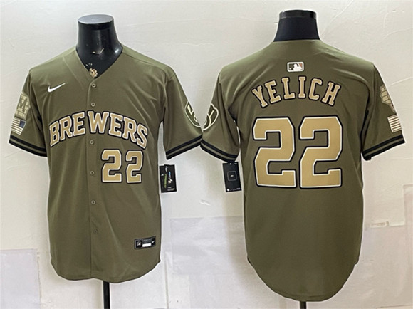 Milwaukee Brewers #22 Christian Yelich Olive 2026 Armed Forces Day Stitched Baseball Jersey