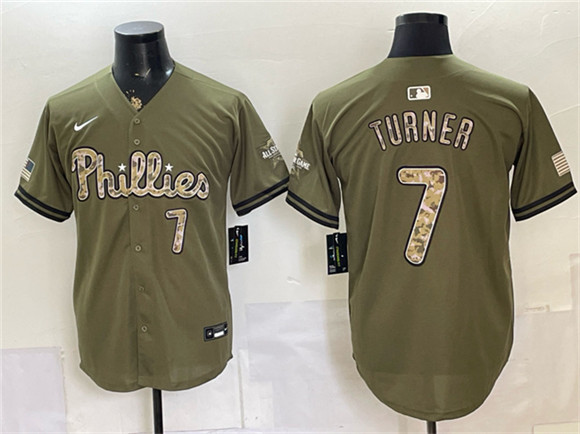 Philadelphia Phillies #7 Trea Turner Olive 2026 Armed Forces Day Stitched Jersey