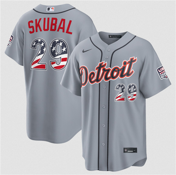Detroit Tigers #29 Tarik Skubal Grey 2026 USA 250 Fourth of July Stitched Baseball Jersey Detroit Tigers #29 Tarik Skubal Grey 2026 USA 250 Fourth of July Stitched Baseball Jersey