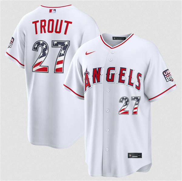 Los Angeles Angels #27 Mike Trout 2026 White USA 250 Fourth of July Home Stadium Stitched Baseball Jersey