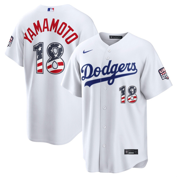 Los Angeles Dodgers #18 Yoshinobu Yamamoto White USA 250 Fourth of July Home Stitched Baseball Jersey
