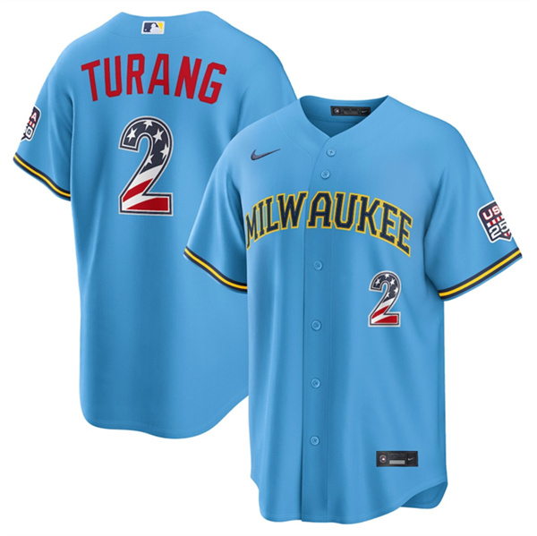 Milwaukee Brewers #2 Brice Turang Blue 2026 USA 250 Fourth of July Home Stadium Stitched Baseball Jersey