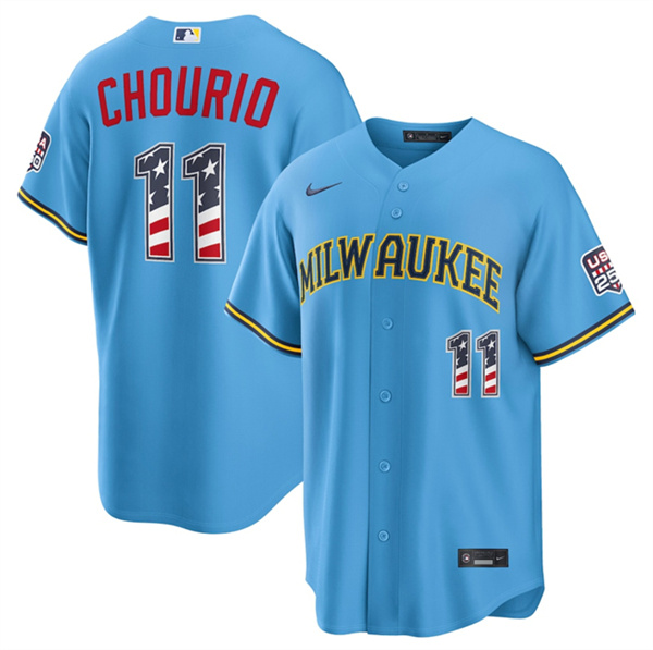 Milwaukee Brewers #11 Jackson Chourio Blue 2026 USA 250 Fourth of July Home Stadium Stitched Baseball Jersey