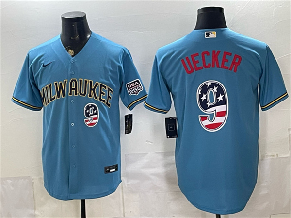 Milwaukee Brewers #9 Bob Uecker Blue 2026 USA 250 Fourth of July Home Stadium Stitched Baseball Jersey Milwaukee Brewers #9 Bob Uecker Blue 2026 USA 250 Fourth of July Home Stadium Stitched Baseball Jersey