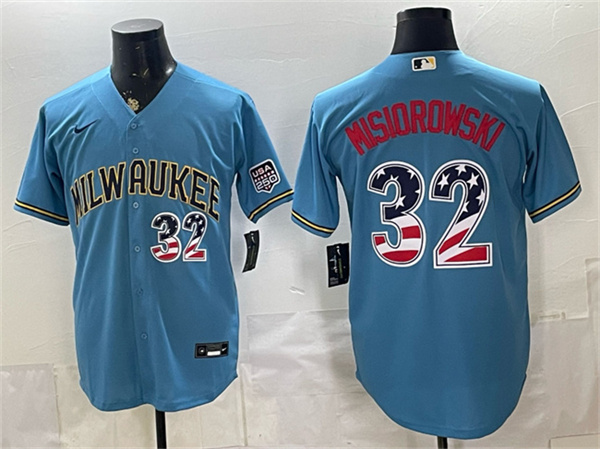 Milwaukee Brewers #32 Jacob Misiorowski Blue 2026 USA 250 Fourth of July Home Stadium Stitched Baseball Jersey