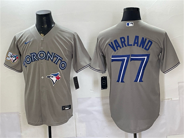 Toronto Blue Jays #77 Louis Varland Gray 50 Seasons Patch Stitched Baseball Jersey