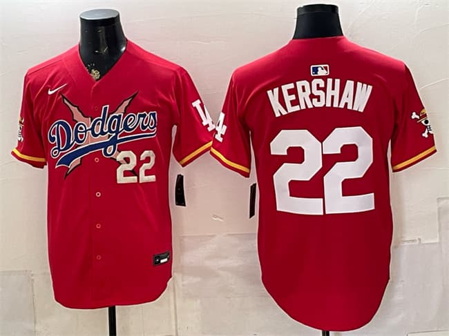 Los Angeles Dodgers x One Piece #22 Clayton Kershaw Red Vapor Premier Limited Stitched Baseball Jersey