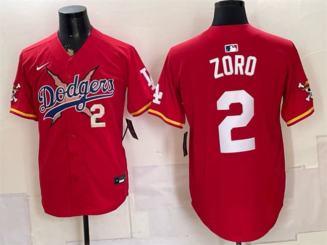 Los Angeles Dodgers x One Piece #2 Zoro Red Vapor Premier Limited Stitched Baseball Jersey