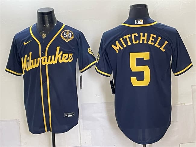 Milwaukee Brewers #5 Garrett Mitchell Navy With Home & Bob Uecker Patch Limited Stitched Baseball Jersey
